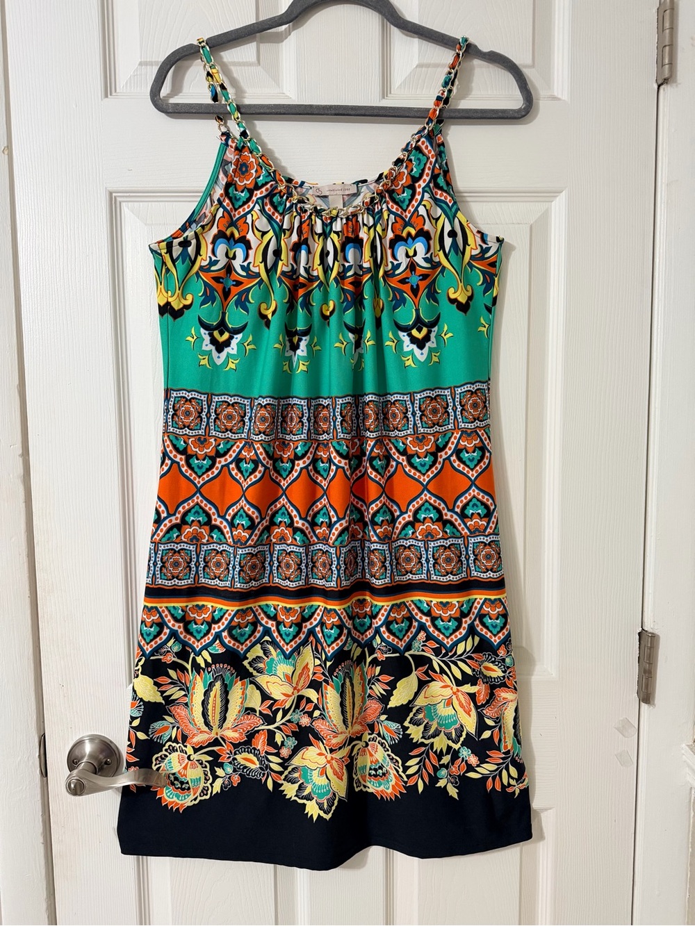Printed Spaghetti-Strap Midi Dress in Teal & Orange